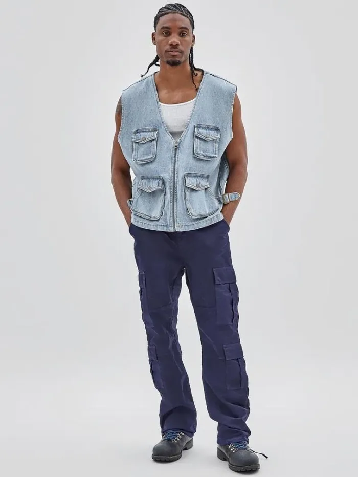 Men Cargo Denim Vest Light Blue Guess Coats And Jackets