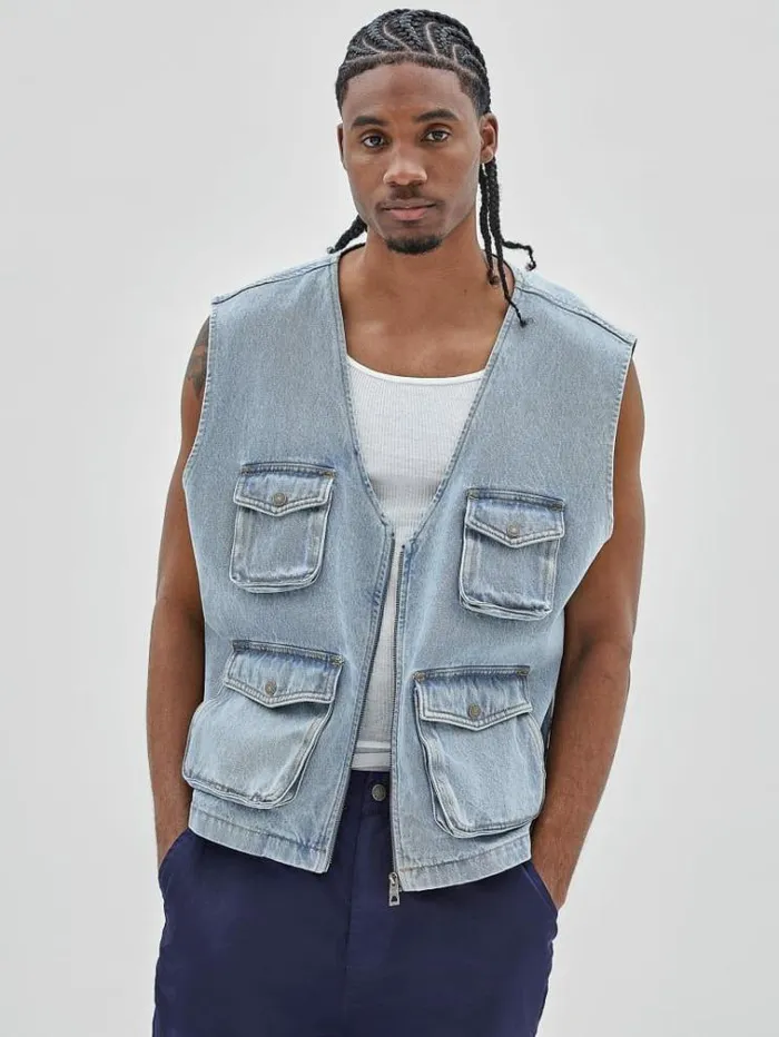 Men Cargo Denim Vest Light Blue Guess Coats And Jackets