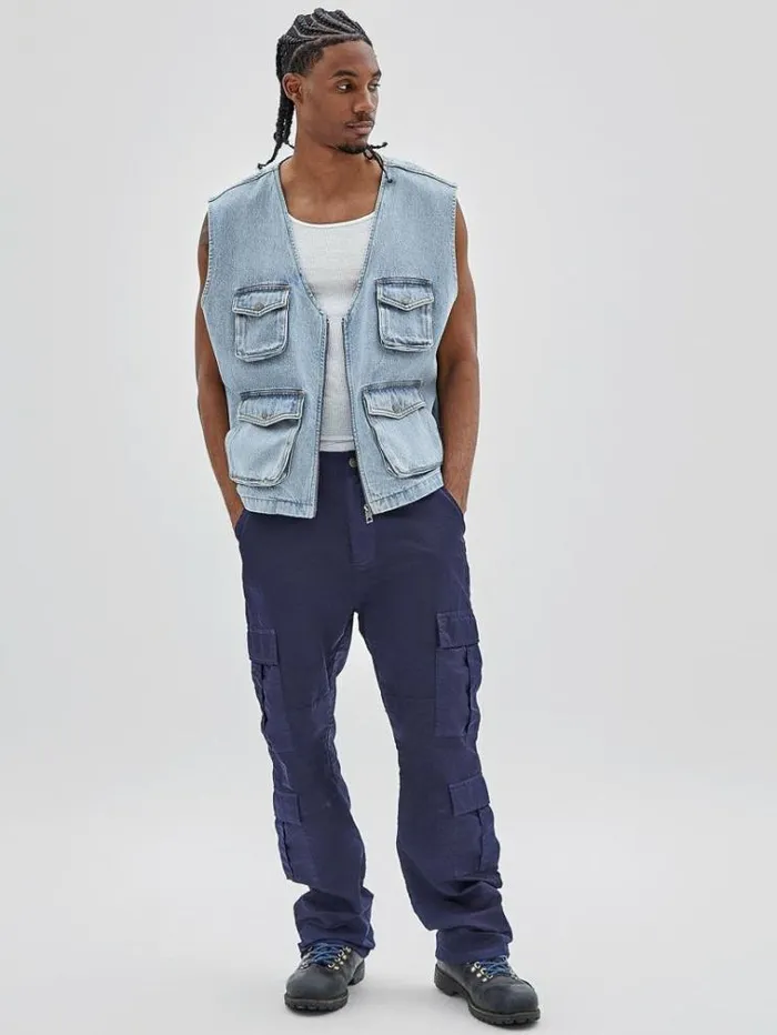 Men Cargo Denim Vest Light Blue Guess Coats And Jackets