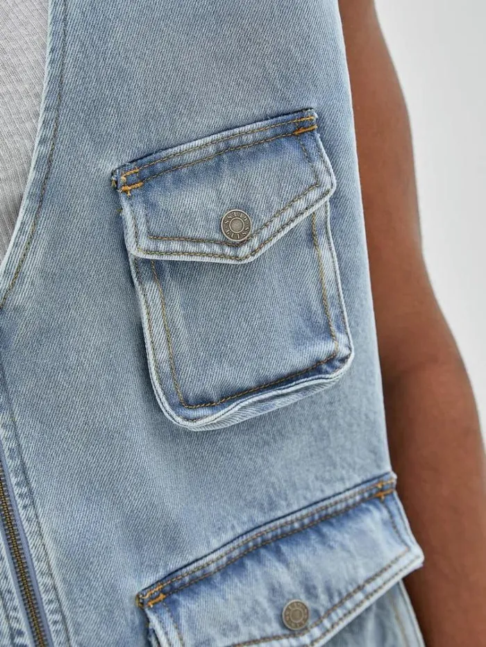 Men Cargo Denim Vest Light Blue Guess Coats And Jackets