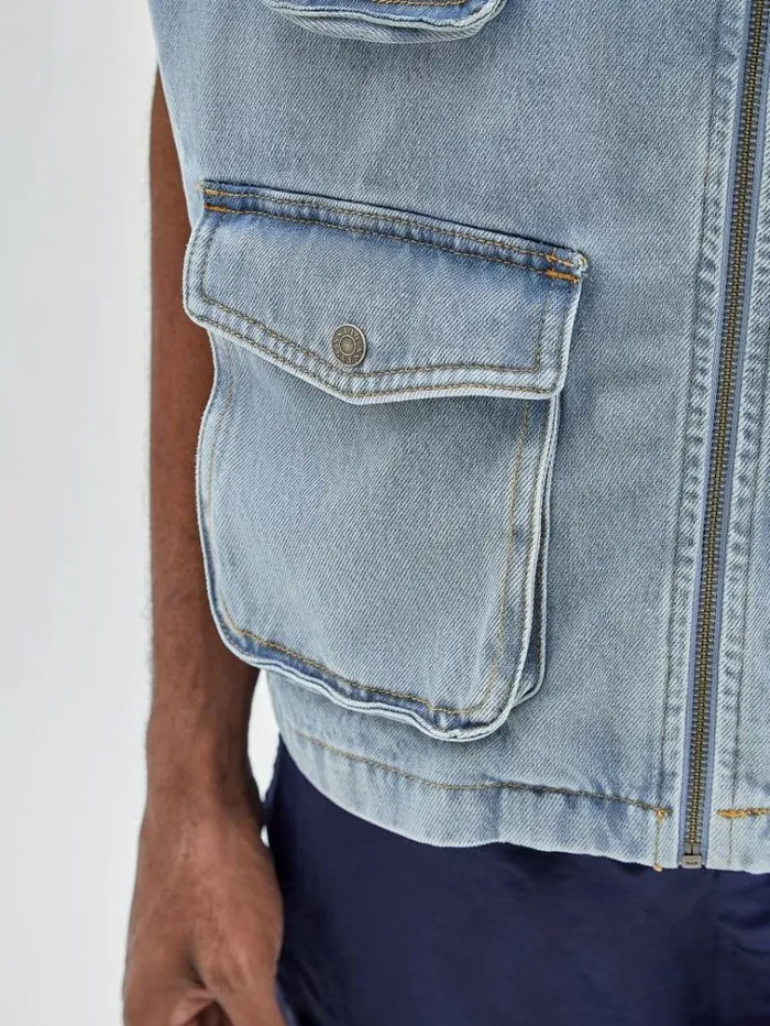 Men Cargo Denim Vest Light Blue Guess Coats And Jackets