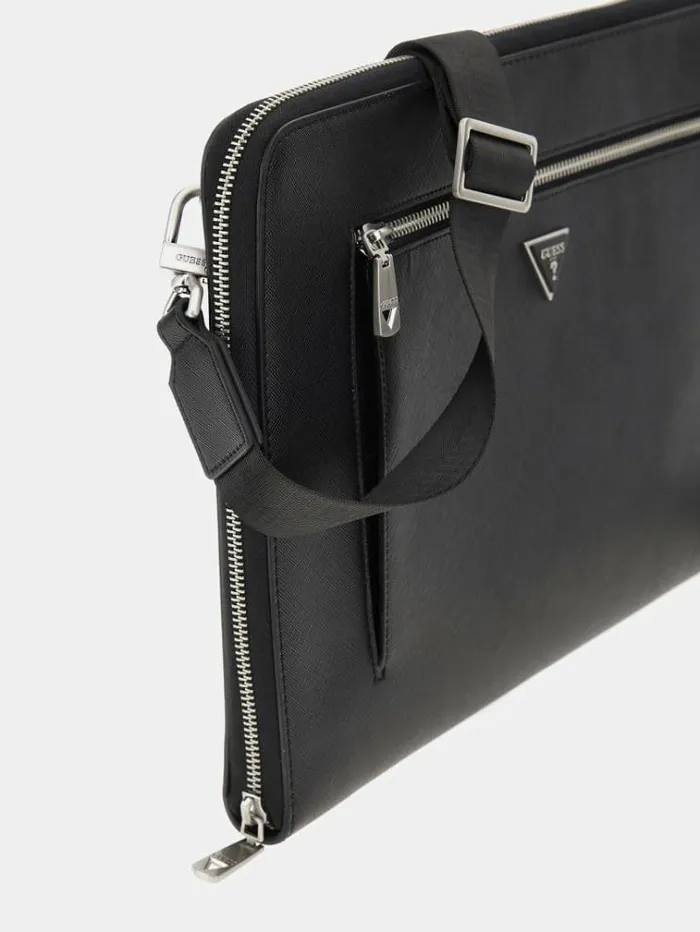 Men Certosa Saffiano Eco Document Holder Black Guess Messenger Bags