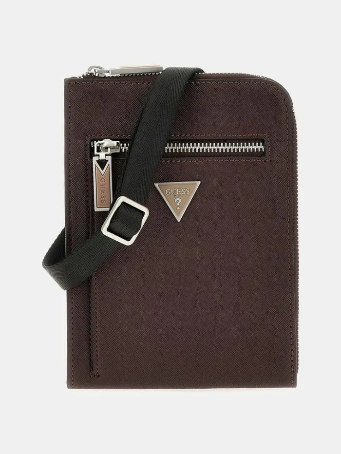 Men Certosa Saffiano Eco Mini Crossbody Dark Brown Guess City Bags