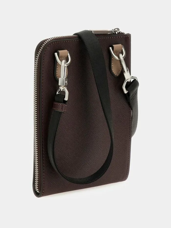Men Certosa Saffiano Eco Mini Crossbody Dark Brown Guess City Bags