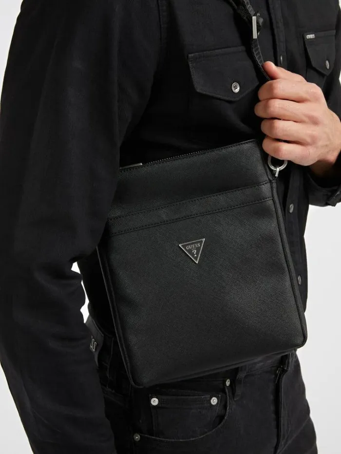 Men Certosa Saffiano Smart Crossbody Bag Black Guess City Bags