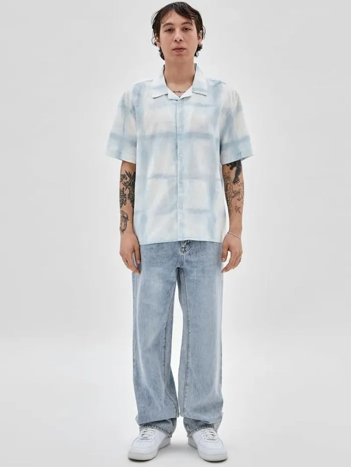 Men Checked Print Shirt Light Blue Guess Shirts