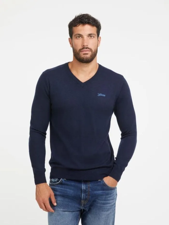 Men Crew Neck Silk Blend Sweater Blue Guess Knitwear And Sweatshirts