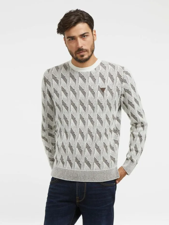 Men Crew Neck Wool Blend Sweater Brown Multi Guess Knitwear And Sweatshirts