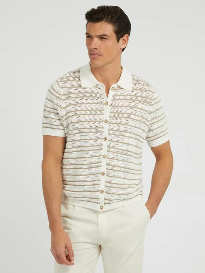 Men Crochet Sweater Polo White Multi Guess Tshirts And Polo Shirts