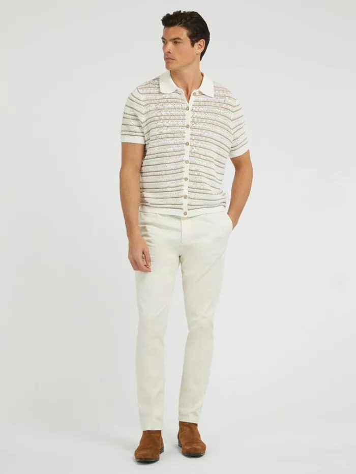 Men Crochet Sweater Polo White Multi Guess Tshirts And Polo Shirts