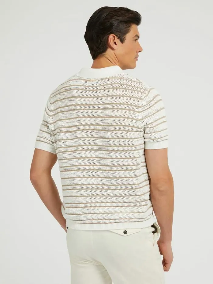Men Crochet Sweater Polo White Multi Guess Tshirts And Polo Shirts