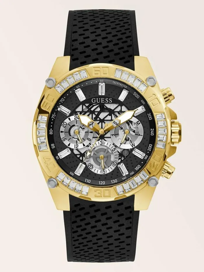 Men Crystal Multifunction Watch Gold Guess Watches