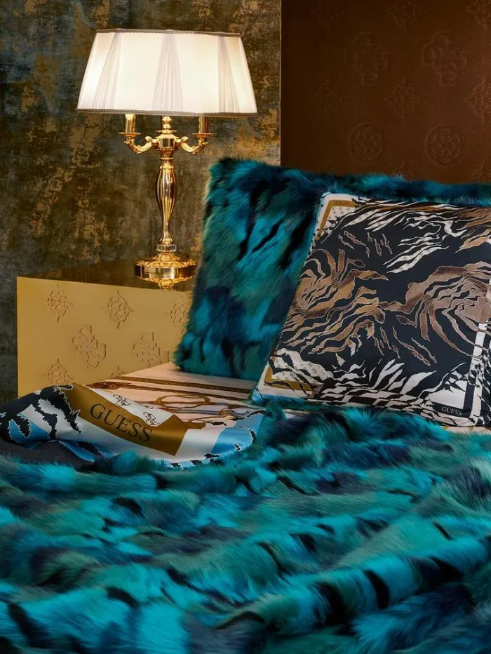 Men Faux Fur Rectangular Cushion Blue Multi Guess Home Collection