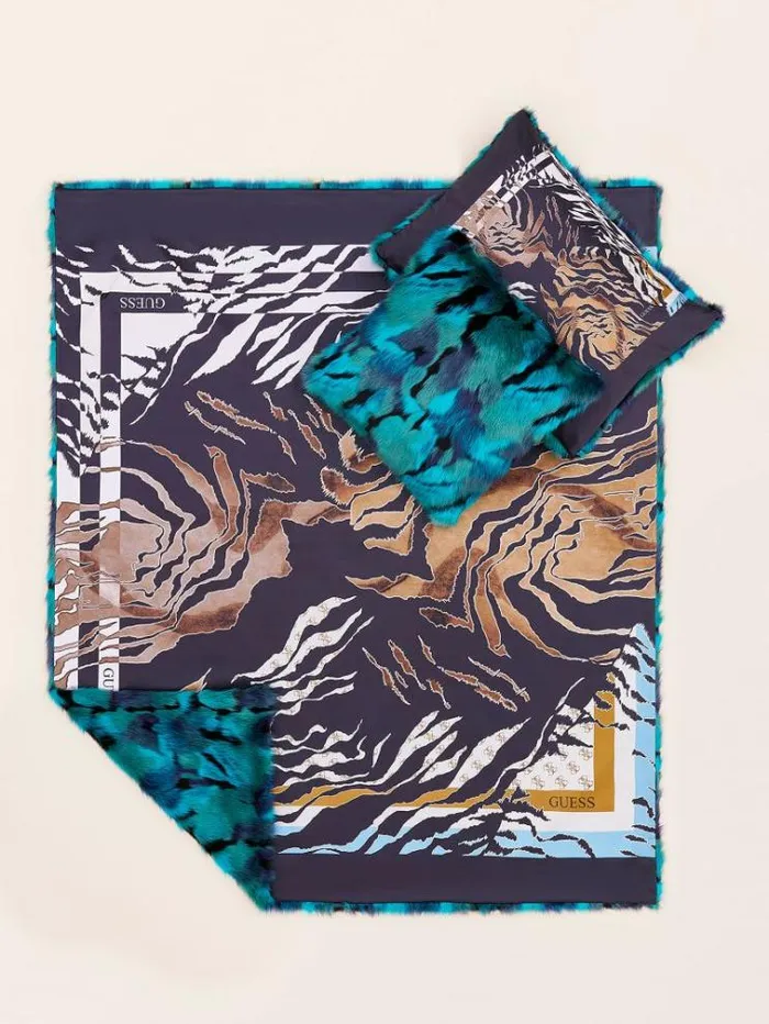 Men Faux Fur Rectangular Cushion Blue Multi Guess Home Collection