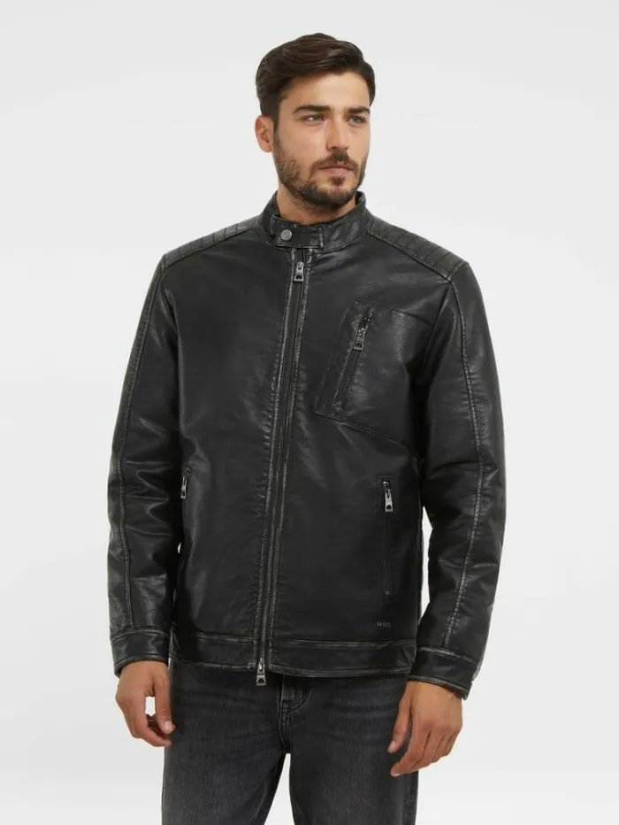Men Faux Leather Biker Jacket Black Guess Coats And Jackets