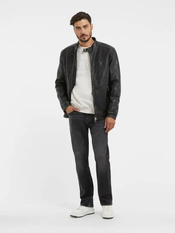 Men Faux Leather Biker Jacket Black Guess Coats And Jackets