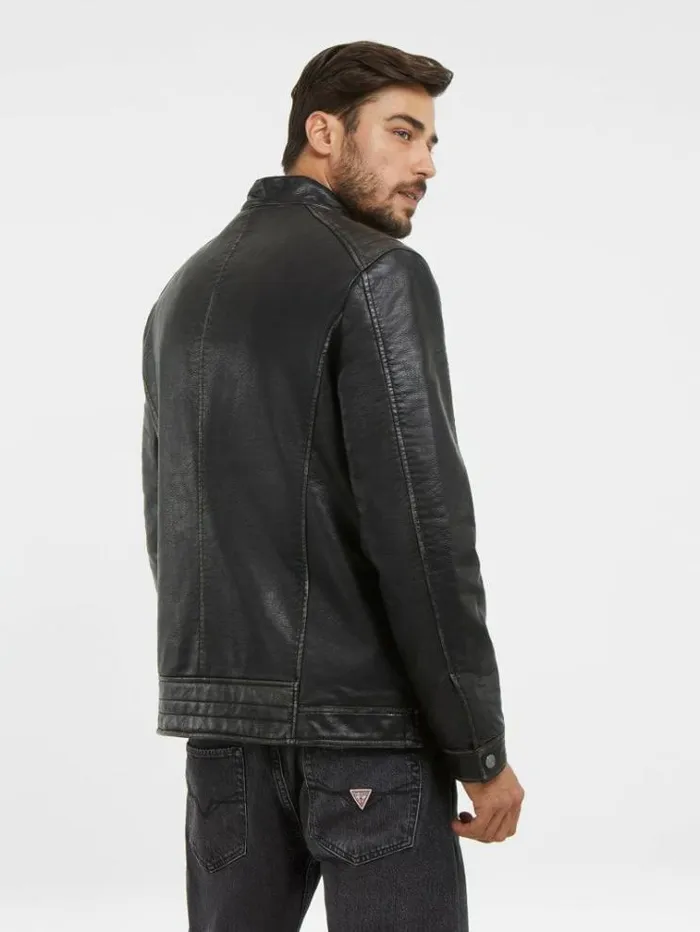 Men Faux Leather Biker Jacket Black Guess Coats And Jackets