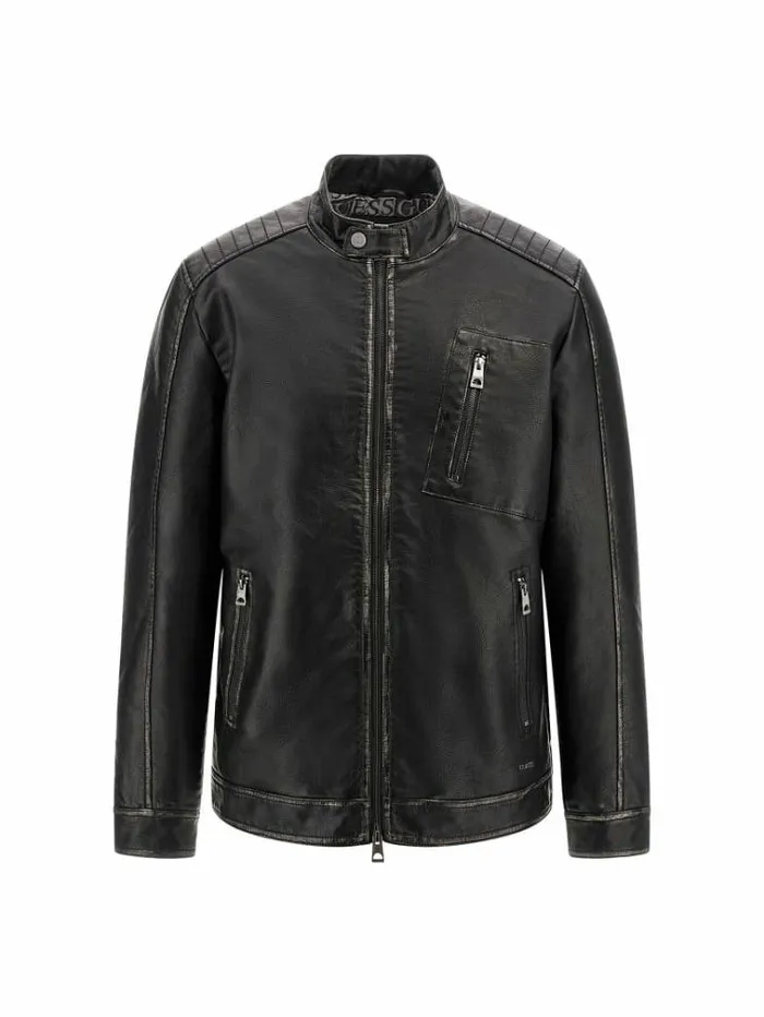 Men Faux Leather Biker Jacket Black Guess Coats And Jackets