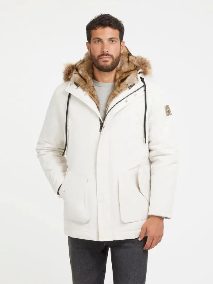 Men Faux Leather Lining Parka White Guess Coats And Jackets