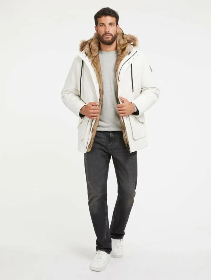 Men Faux Leather Lining Parka White Guess Coats And Jackets