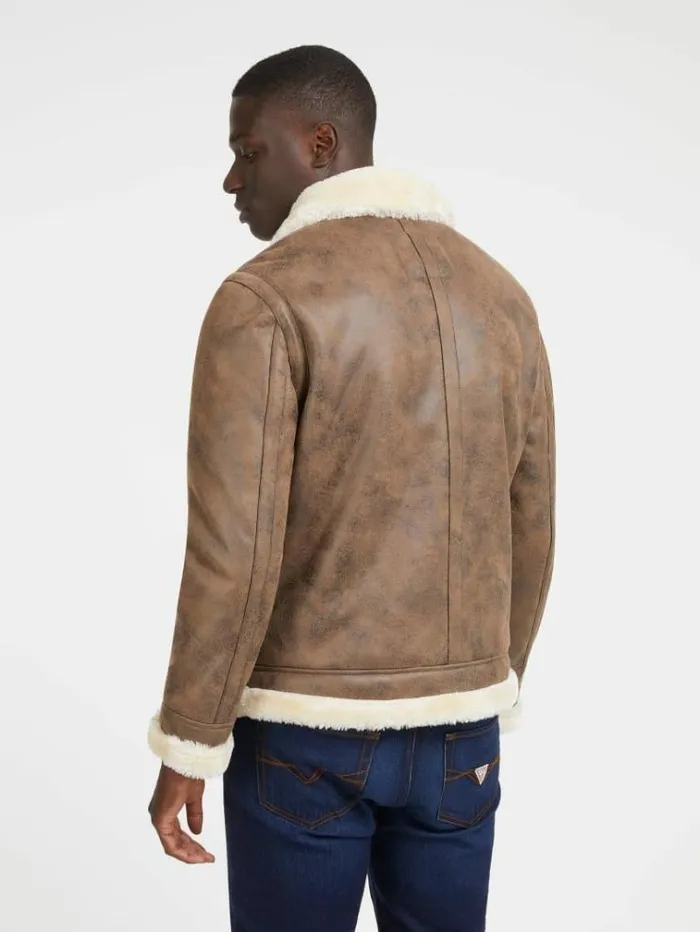 Men Faux Shearling Jacket Brown Guess Coats And Jackets