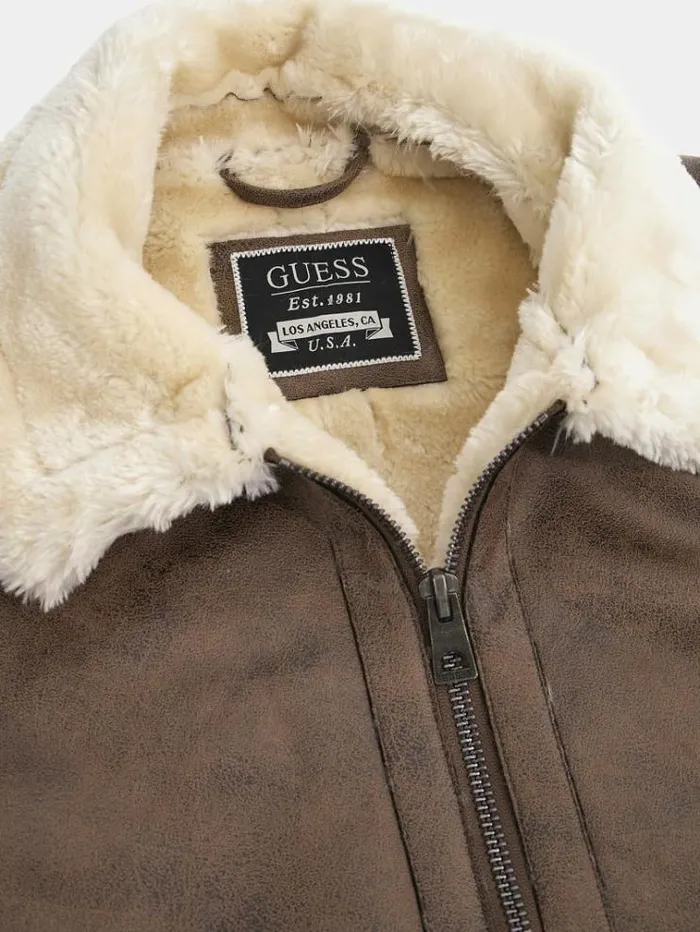 Men Faux Shearling Jacket Brown Guess Coats And Jackets