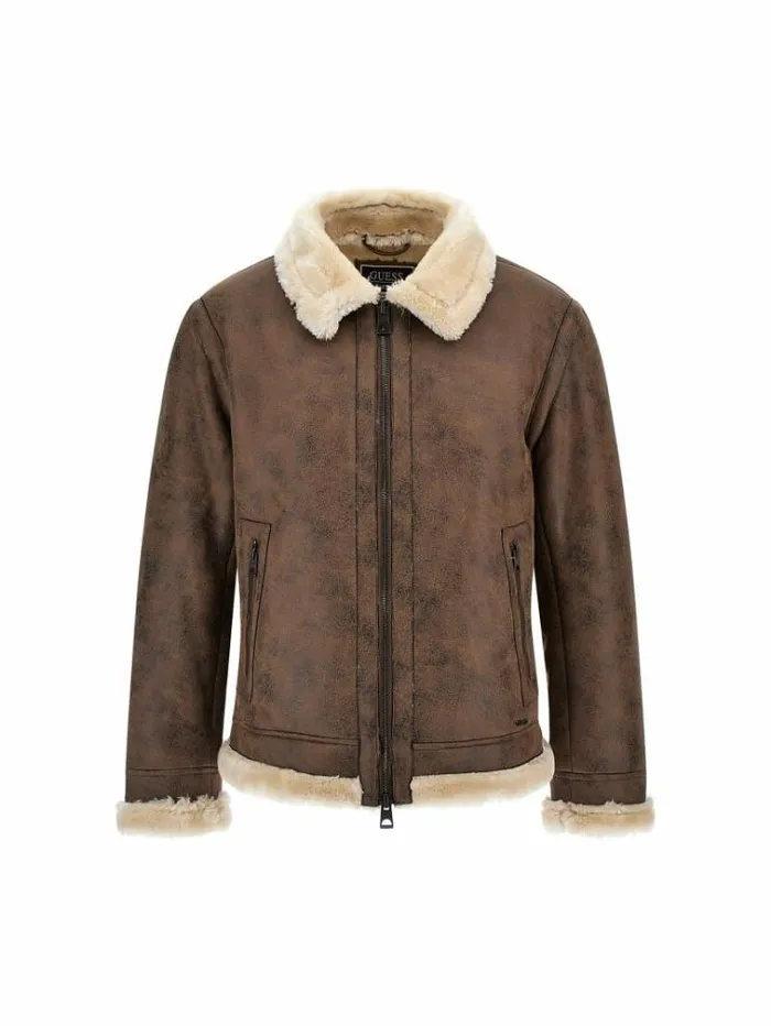 Men Faux Shearling Jacket Brown Guess Coats And Jackets