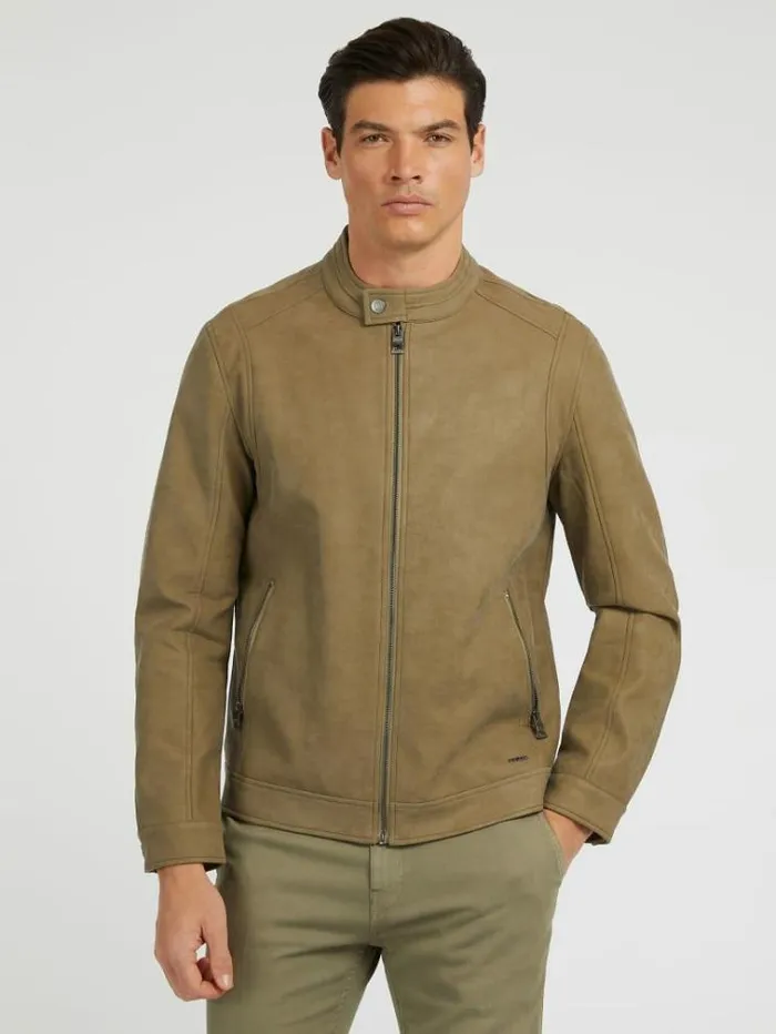 Men Faux Suede Biker Jacket Green Guess Coats And Jackets