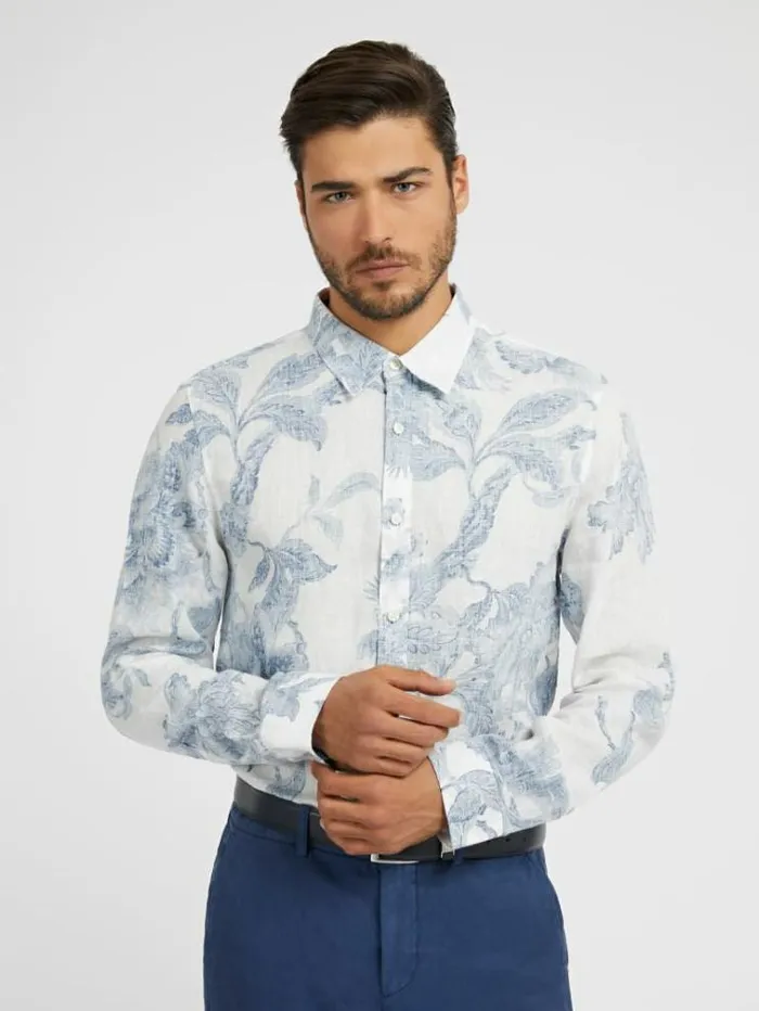 Men Floral Print Linen Shirt White Multi Guess Shirts