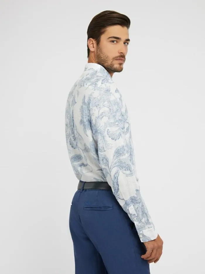 Men Floral Print Linen Shirt White Multi Guess Shirts