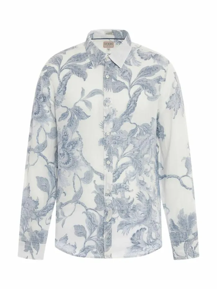 Men Floral Print Linen Shirt White Multi Guess Shirts