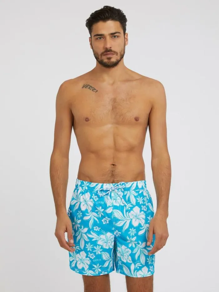 Men Floral Print Medium Swim Trunk Floral Light Blue Guess Beachwear