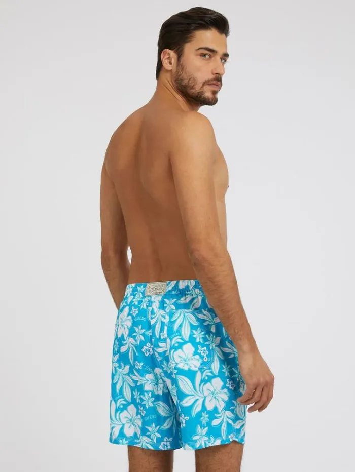 Men Floral Print Medium Swim Trunk Floral Light Blue Guess Beachwear