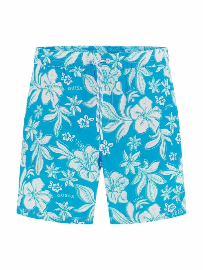Men Floral Print Medium Swim Trunk Floral Light Blue Guess Beachwear