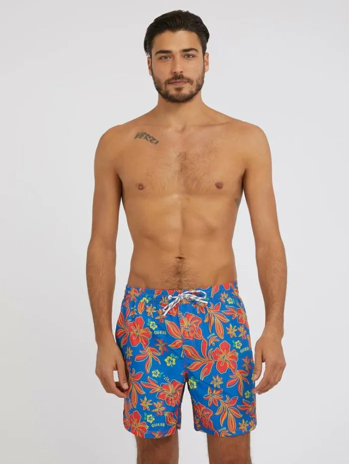 Men Floral Print Medium Swim Trunk Floral Red Guess Beachwear