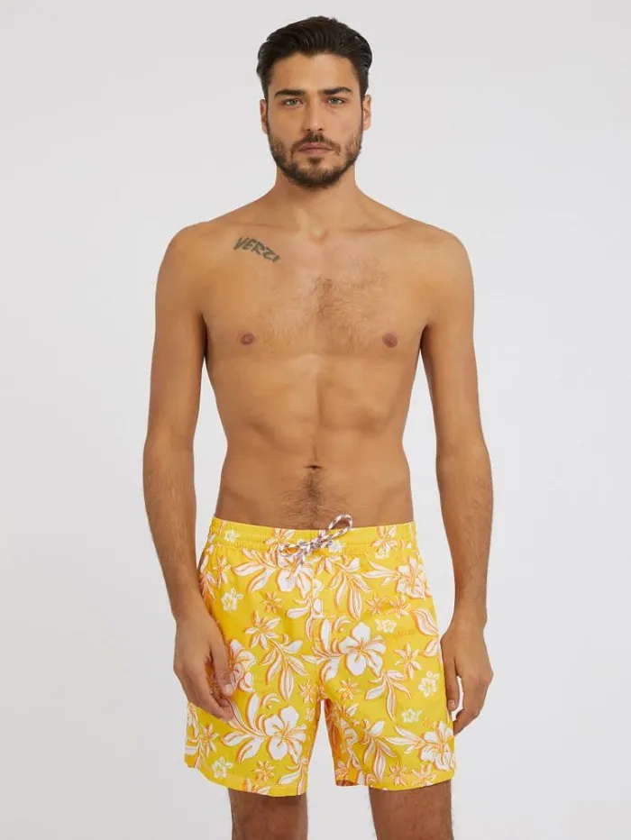 Men Floral Print Medium Swim Trunk Floral Yellow Guess Beachwear
