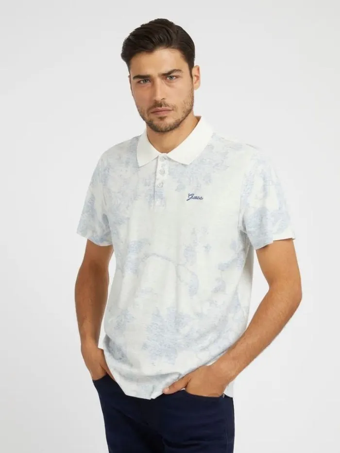 Men Floral Print Polo White Multi Guess Tshirts And Polo Shirts