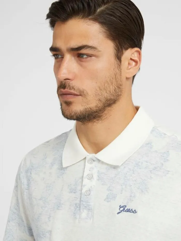 Men Floral Print Polo White Multi Guess Tshirts And Polo Shirts