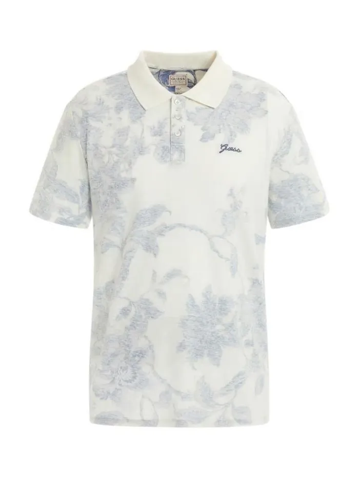 Men Floral Print Polo White Multi Guess Tshirts And Polo Shirts