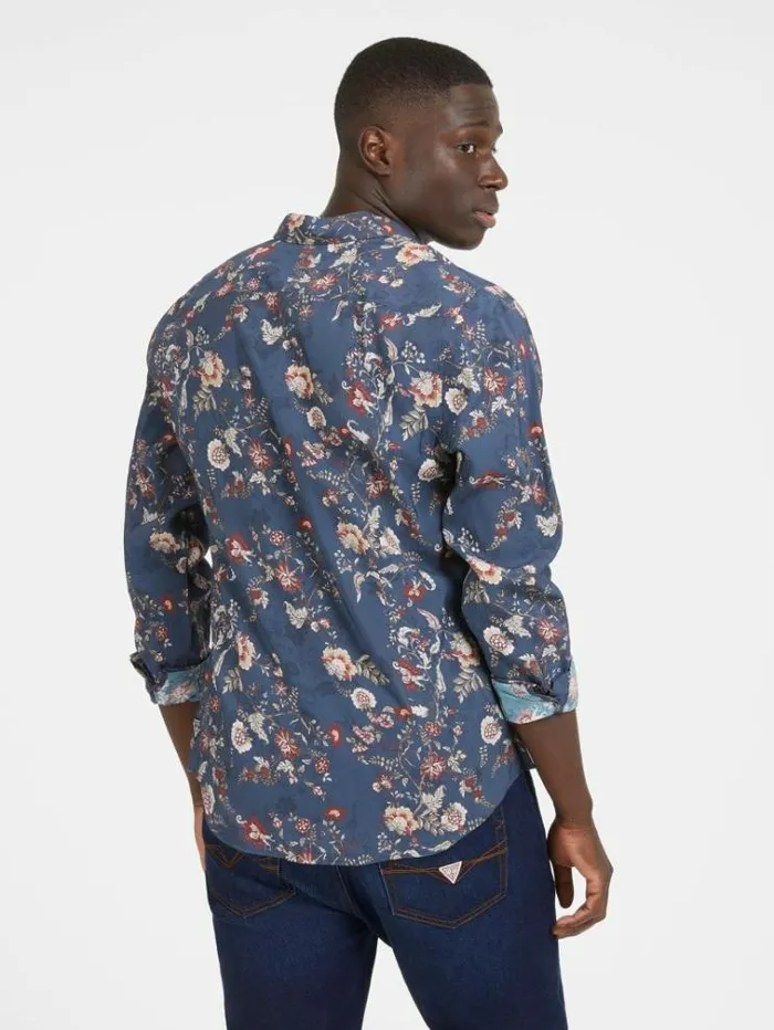 Men Floral Print Shirt Floral Blue Guess Shirts