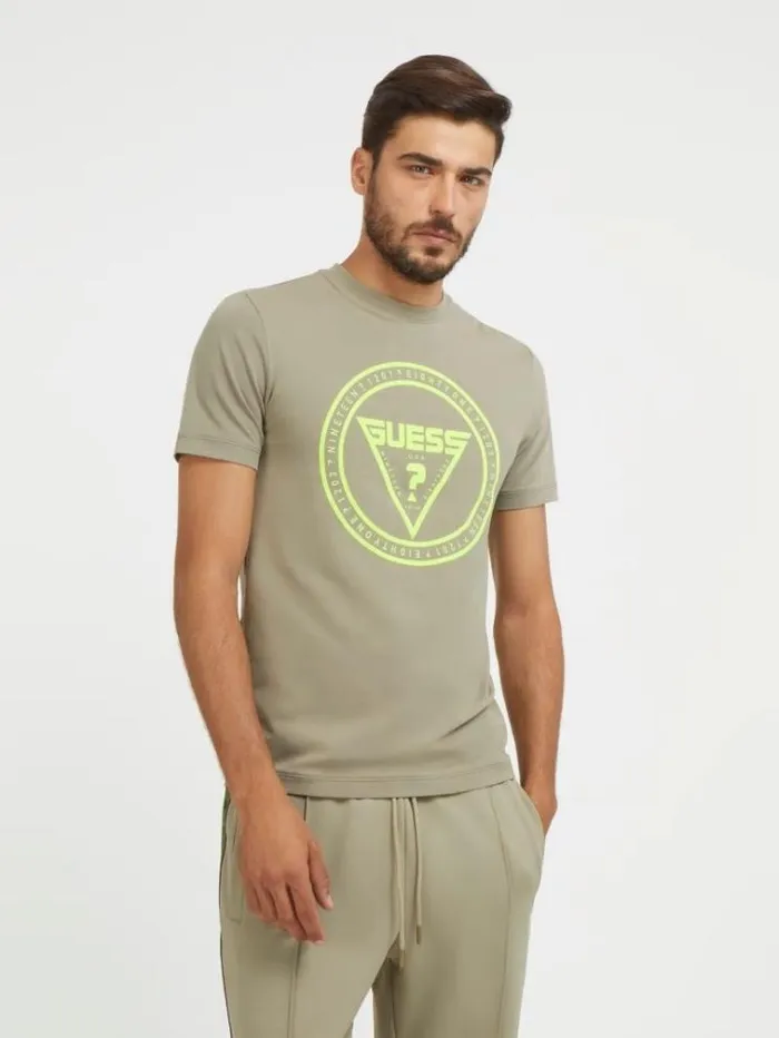 Men Front Logo Print Tshirt Green Guess Tshirts And Polo Shirts