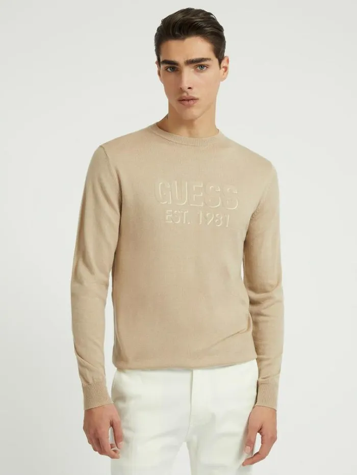 Men Front Logo Sweater Beige Guess Knitwear And Sweatshirts