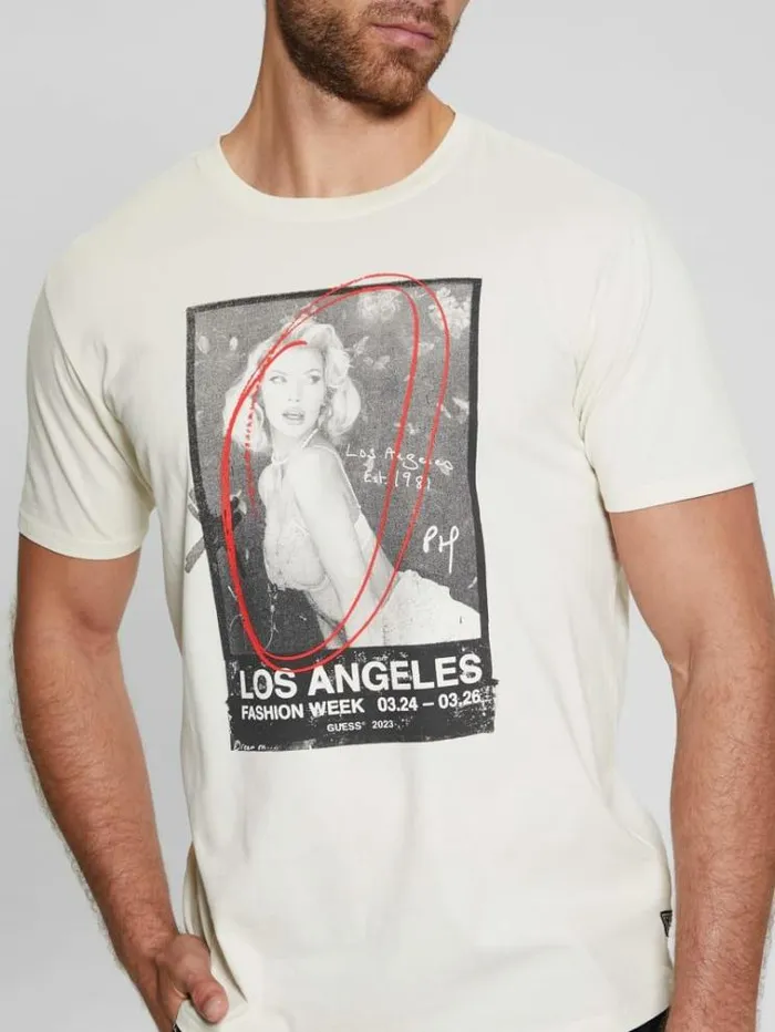 Men Front Print Tshirt White Multi Guess Tshirts And Polo Shirts