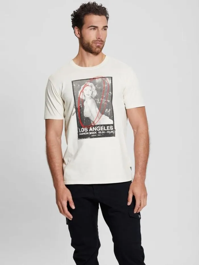 Men Front Print Tshirt White Multi Guess Tshirts And Polo Shirts