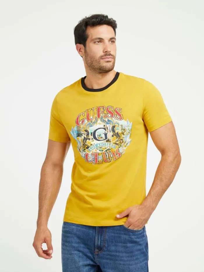 Men Front Print Tshirt Yellow Guess Tshirts And Polo Shirts