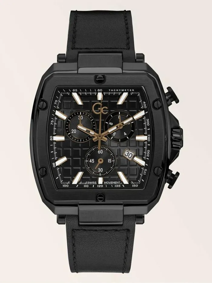Men Gc Genuine Leather Chronograph Watch Black Guess Watches