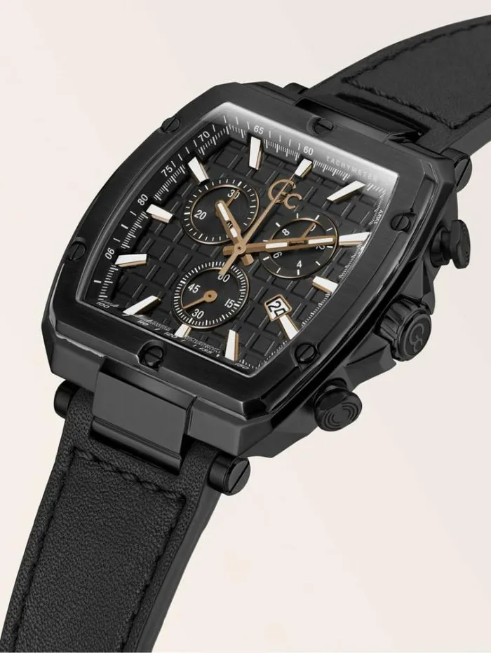 Men Gc Genuine Leather Chronograph Watch Black Guess Watches