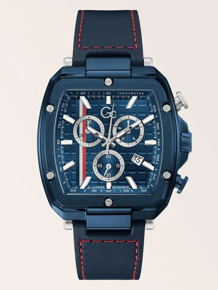 Men Gc Genuine Leather Chronograph Watch Blue Guess Watches