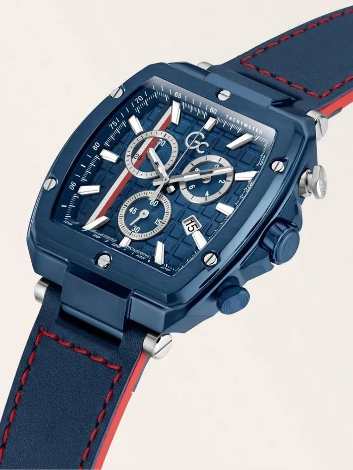 Men Gc Genuine Leather Chronograph Watch Blue Guess Watches