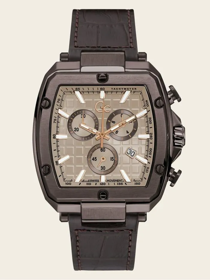 Men Gc Leather Chronograph Watch Brown Guess Watches